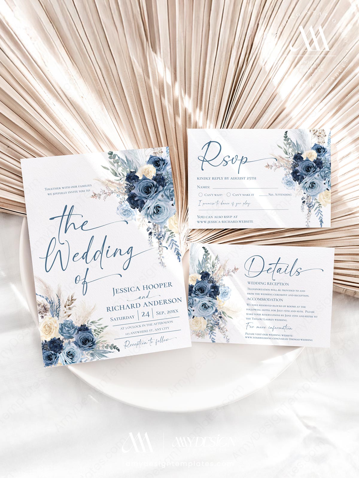 Navy Dusty Blue Wedding Invitation Suite Template | Boho Rustic Rose Pampas Grass Wedding Invite Card Navy Dusty Blue Wedding Invitation Suite Template | Boho Rustic Rose Pampas Grass Wedding Invite Card