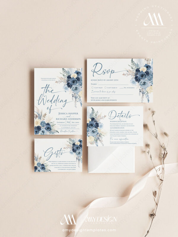 Navy Dusty Blue Wedding Invitation Suite Template | Boho Rustic Rose Pampas Grass Wedding Invite Card
