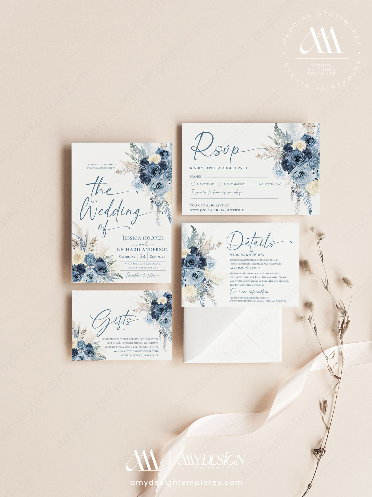 Navy Dusty Blue Wedding Invitation Suite Template | Boho Rustic Rose Pampas Grass Wedding Invite Card Navy Dusty Blue Wedding Invitation Suite Template | Boho Rustic Rose Pampas Grass Wedding Invite Card
