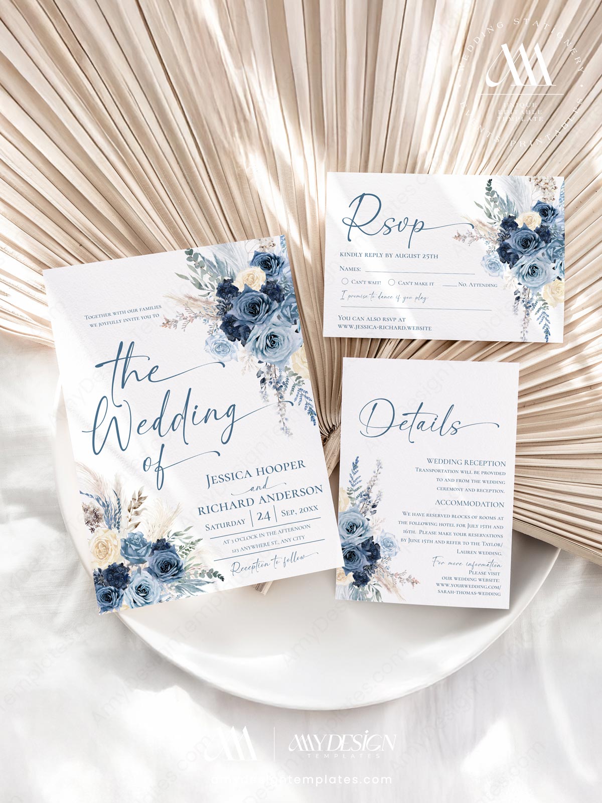 Navy Dusty Blue Wedding Invitation Suite Template | Boho Rustic Rose Pampas Grass Wedding Invite Card Navy Dusty Blue Wedding Invitation Suite Template | Boho Rustic Rose Pampas Grass Wedding Invite Card