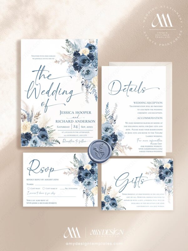 Navy Dusty Blue Wedding Invitation Suite Template | Boho Rustic Rose Pampas Grass Wedding Invite Card Navy Dusty Blue Wedding Invitation Suite Template | Boho Rustic Rose Pampas Grass Wedding Invite Card