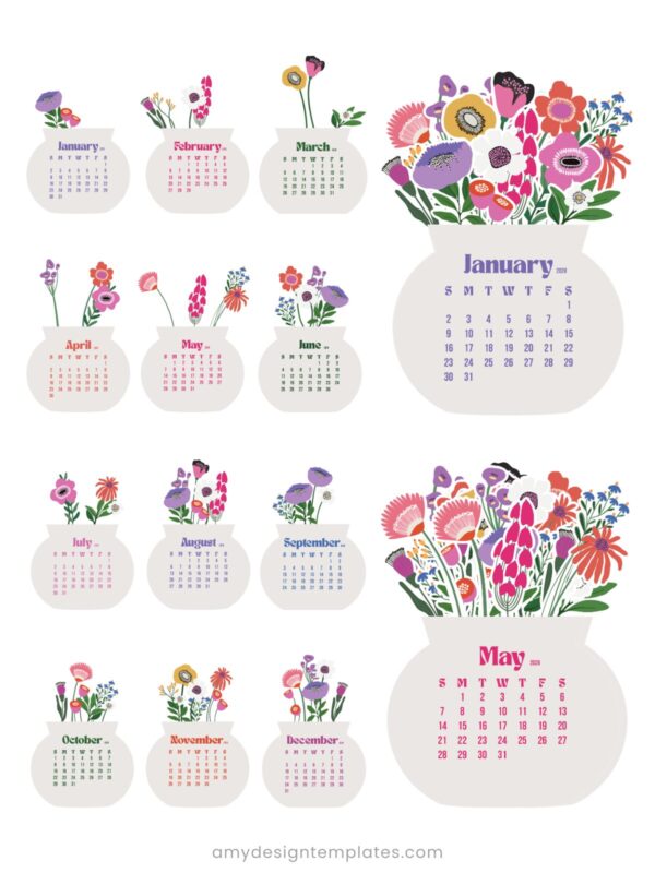 2027 & 2028 Bloom Flowers Printable Floral Desk Calendar DIY | Instant Download (SVG, PNG, PDF) 2027 & 2028 Bloom Flowers Printable Floral Desk Calendar DIY