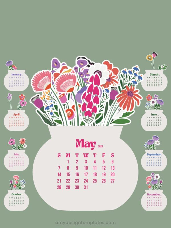 2027 & 2028 Bloom Flowers Printable Floral Desk Calendar DIY | Instant Download (SVG, PNG, PDF) 2027 & 2028 Bloom Flowers Printable Floral Desk Calendar DIY