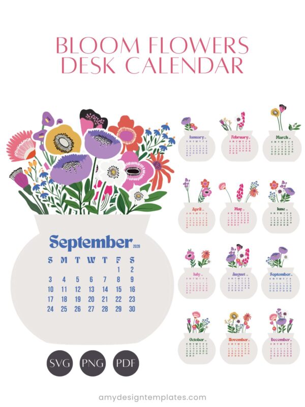 2027 & 2028 Bloom Flowers Printable Floral Desk Calendar DIY | Instant Download (SVG, PNG, PDF) 2027 & 2028 Bloom Flowers Printable Floral Desk Calendar DIY