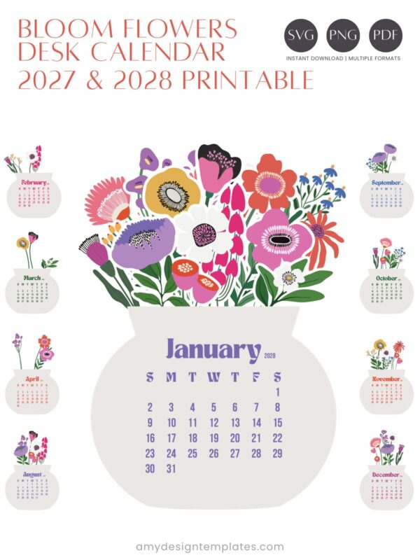 2027 & 2028 Bloom Flowers Printable Floral Desk Calendar DIY
