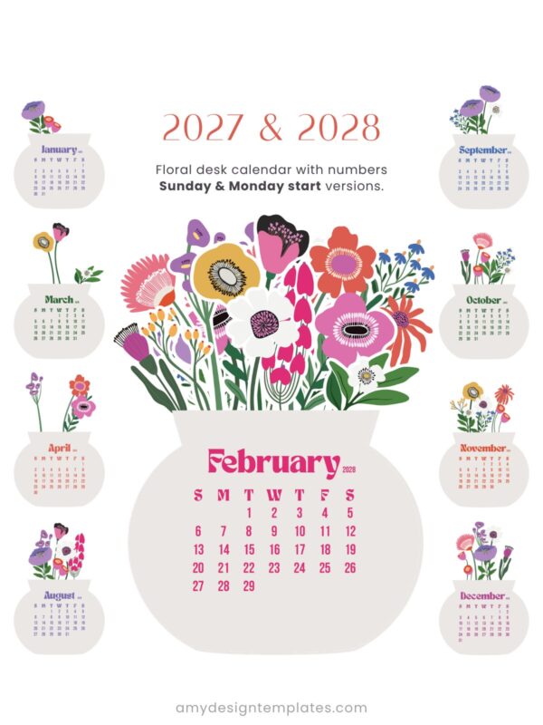 2027 & 2028 Bloom Flowers Printable Floral Desk Calendar DIY | Instant Download (SVG, PNG, PDF) 2027 & 2028 Bloom Flowers Printable Floral Desk Calendar DIY