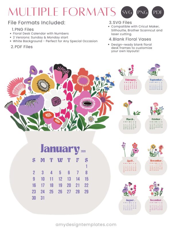 2027 & 2028 Bloom Flowers Printable Floral Desk Calendar DIY | Instant Download (SVG, PNG, PDF) 2027 & 2028 Bloom Flowers Printable Floral Desk Calendar DIY