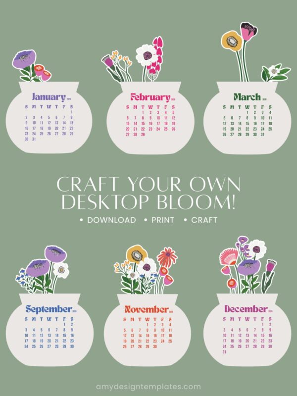 2027 & 2028 Bloom Flowers Printable Floral Desk Calendar DIY | Instant Download (SVG, PNG, PDF) 2027 & 2028 Bloom Flowers Printable Floral Desk Calendar DIY
