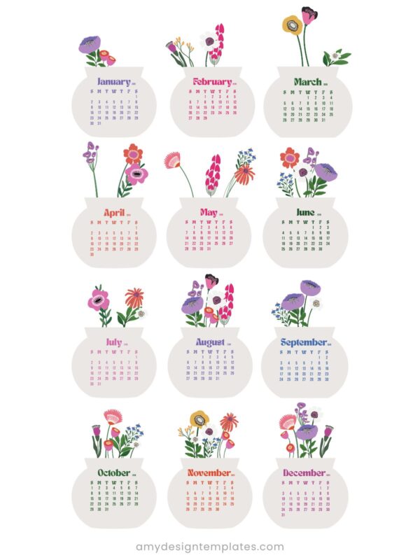 2027 & 2028 Bloom Flowers Printable Floral Desk Calendar DIY | Instant Download (SVG, PNG, PDF) 2027 & 2028 Bloom Flowers Printable Floral Desk Calendar DIY
