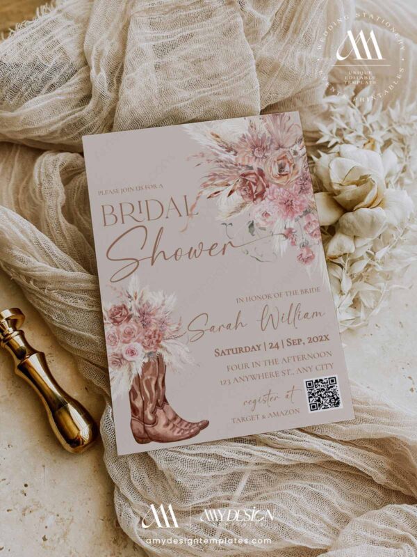 Boho Western Bridal Shower Invitation with QR Code | Muted Terracotta Cowgirl Boot Invite, Rustic Desert Chic Printable, Editable Digital Download
