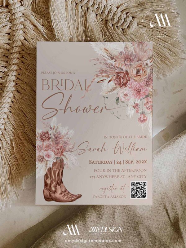 Boho Western Bridal Shower Invitation with QR Code | Muted Terracotta Cowgirl Boot Invite, Rustic Desert Chic Printable, Editable Digital Download