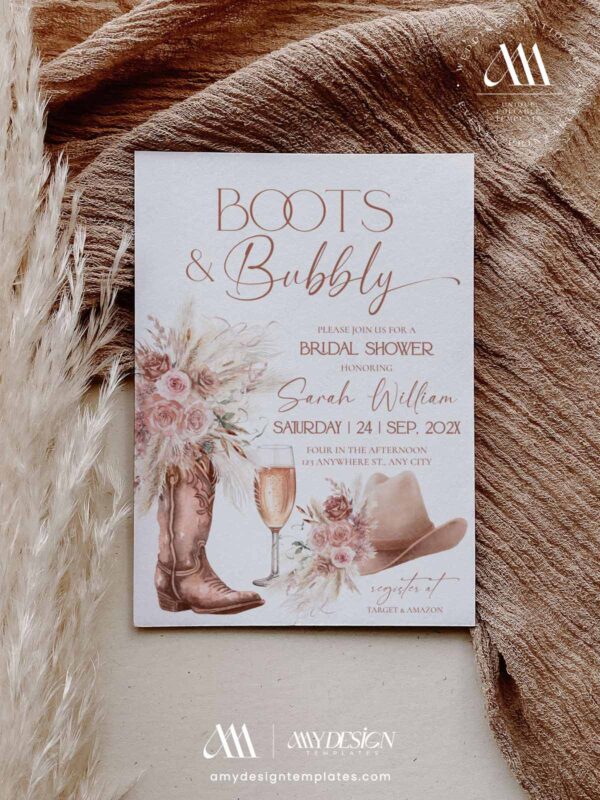 Pink Boho Blooms and Boots Bridal Shower Invitation | Western Bridal Shower Invite Template | Floral Coastal Cowgirl