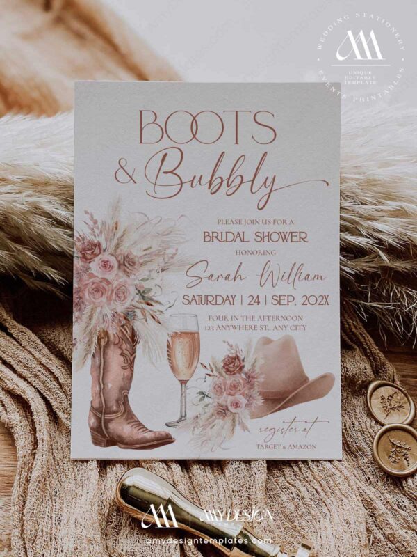 Pink Boho Blooms and Boots Bridal Shower Invitation | Western Bridal Shower Invite Template | Floral Coastal Cowgirl