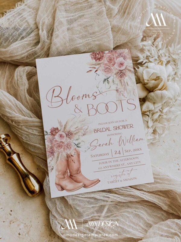 B069 Bridal Shower Invite 1 Blooms and Boots Template Western Cowboy Invite Amy Design
