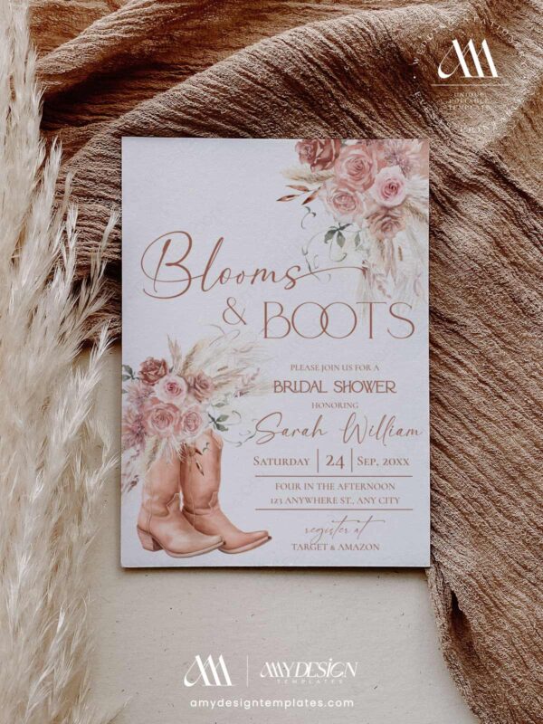 B069 Bridal Shower Invite 1 Blooms and Boots Template Western Cowboy Invite Amy Design