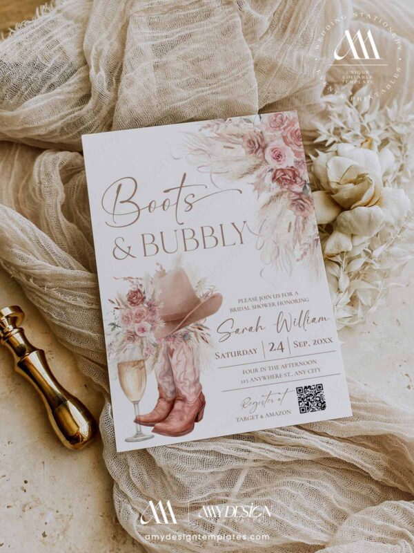 Boots and Bubbly Cowgirl Bridal Shower Invitation with QR Code | Boho Western Invite Printable Card