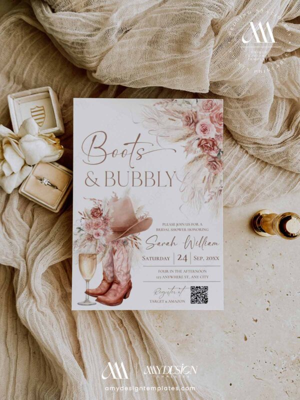 Boots and Bubbly Cowgirl Bridal Shower Invitation with QR Code | Boho Western Invite Printable Card
