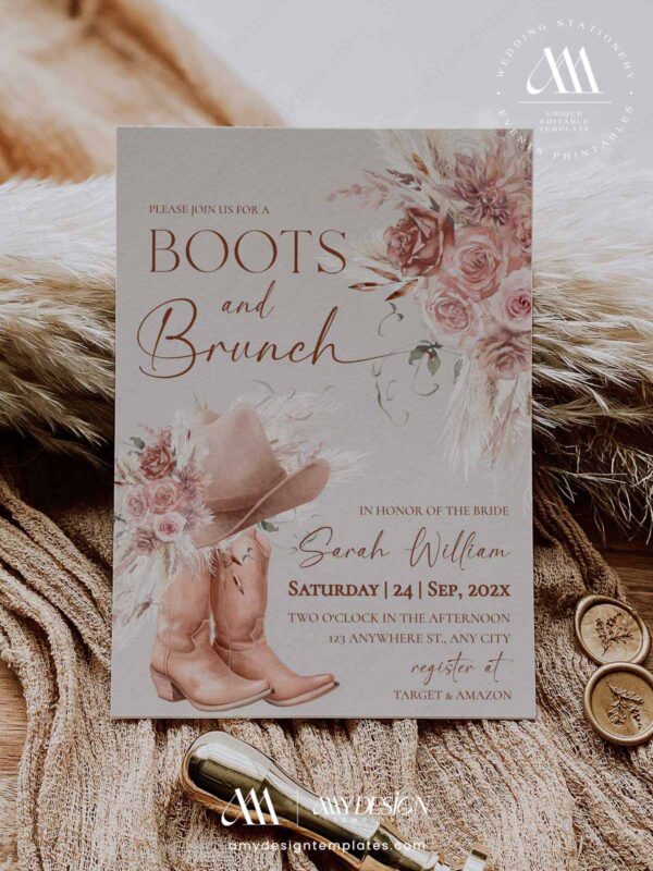 Western Bridal Shower Invitation Template Boho Dusty Roses | Cowgirl Boots and Brunch Invite