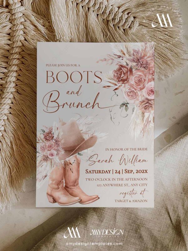 Western Bridal Shower Invitation Template Boho Dusty Roses | Cowgirl Boots and Brunch Invite