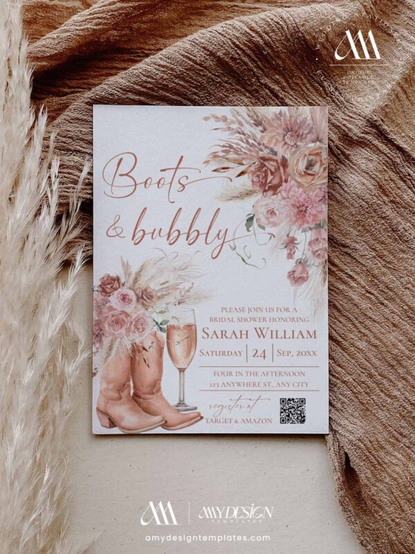 Western Cowgirls Boots and Bubbly Bridal Shower Invitation Card | Boho Terracotta Floral Wedding Shower Invite