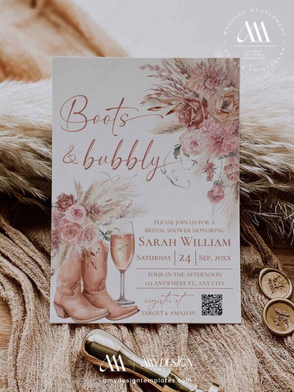 Western Cowgirls Boots and Bubbly Bridal Shower Invitation Card | Boho Terracotta Floral Wedding Shower Invite