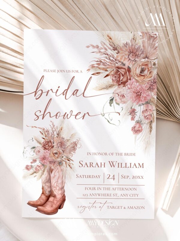 Boho Western Bridal Shower Invitation Template | Rustic Cowgirl Boot Printable, Terracotta Desert Chic Wedding Shower, Editable Digital Download