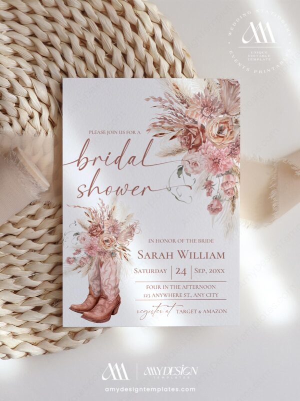 Boho Western Bridal Shower Invitation Template | Rustic Cowgirl Boot Printable, Terracotta Desert Chic Wedding Shower, Editable Digital Download