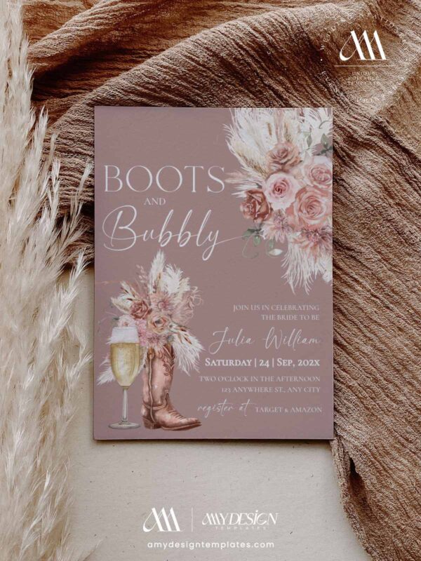 Boots and Bubbly Bridal Shower Invitation Card Template | Western Cowgirl Template Printable | Terracotta Rustic Chic