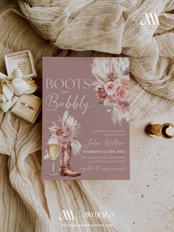Boots and Bubbly Bridal Shower Invitation Card Template | Western Cowgirl Template Printable | Terracotta Rustic Chic
