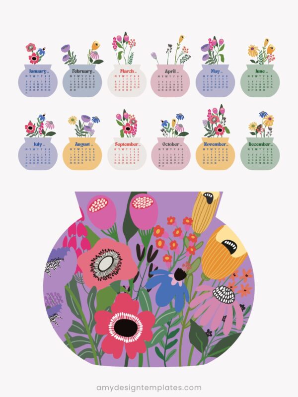 2027 & 2028 Printable Desk Calendar Template | Floral Vase SVG PNG PDF Bundle Flowers Vase Printable Calendar Desk 2027 2028 Template PDF PNG SVG