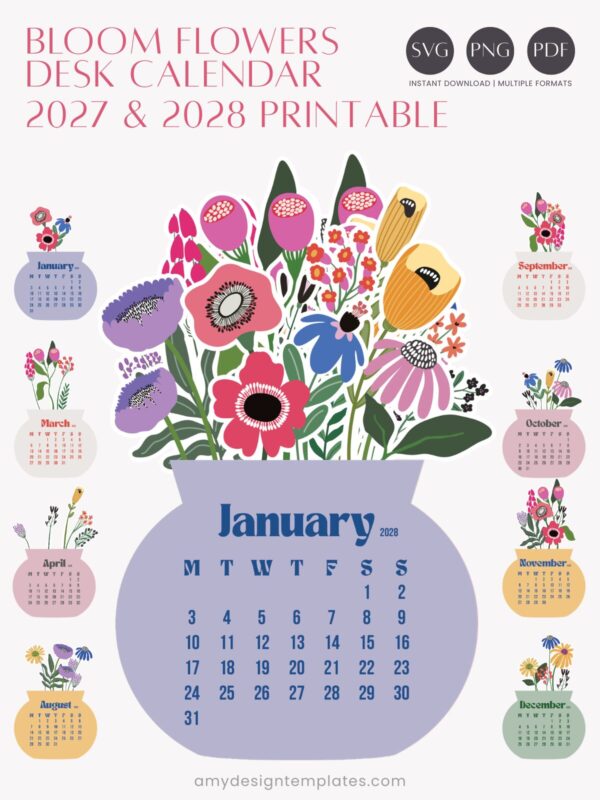 Flowers Vase Printable Calendar Desk 2027 2028 Template PDF PNG SVG