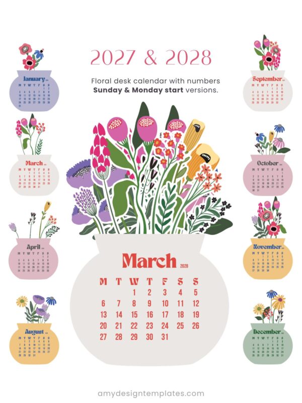 Flowers Vase Printable Calendar Desk 2027 2028 Template PDF PNG SVG