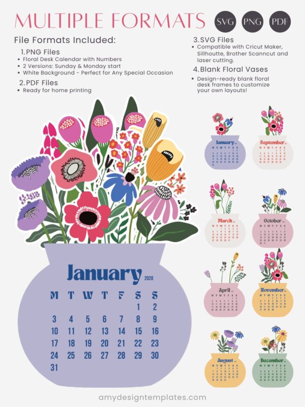 2027 & 2028 Printable Desk Calendar Template | Floral Vase SVG PNG PDF Bundle Flowers Vase Printable Calendar Desk 2027 2028 Template PDF PNG SVG
