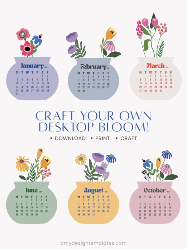 2027 & 2028 Printable Desk Calendar Template | Floral Vase SVG PNG PDF Bundle Flowers Vase Printable Calendar Desk 2027 2028 Template PDF PNG SVG