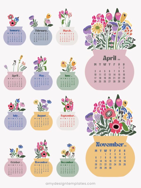 2027 & 2028 Printable Desk Calendar Template | Floral Vase SVG PNG PDF Bundle Flowers Vase Printable Calendar Desk 2027 2028 Template PDF PNG SVG
