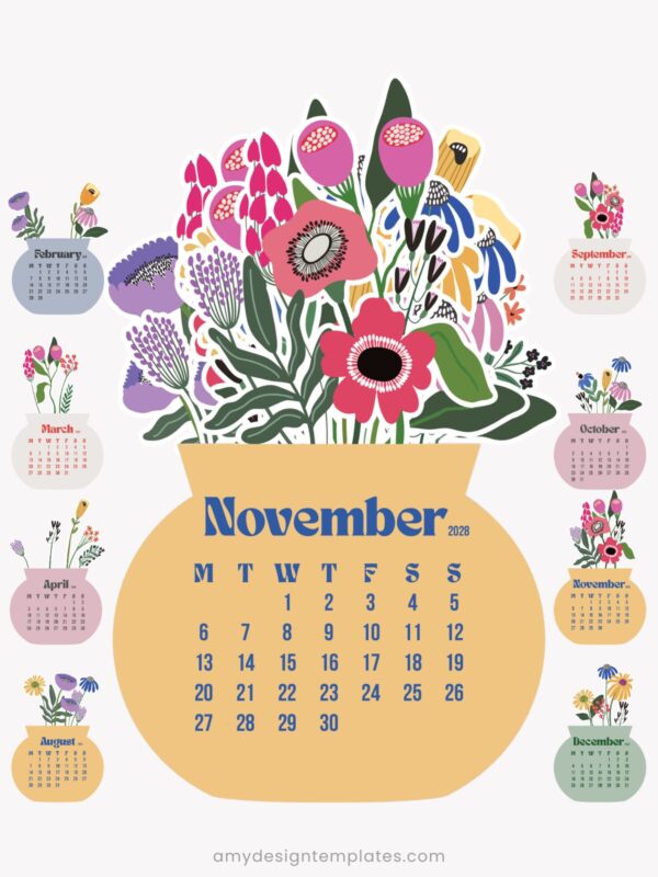 2027 & 2028 Printable Desk Calendar Template | Floral Vase SVG PNG PDF Bundle Flowers Vase Printable Calendar Desk 2027 2028 Template PDF PNG SVG