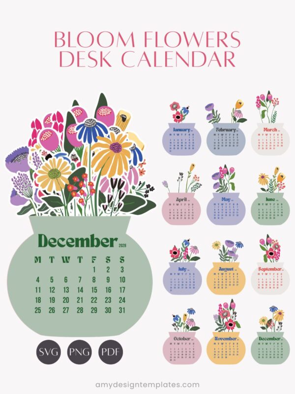 2027 & 2028 Printable Desk Calendar Template | Floral Vase SVG PNG PDF Bundle Flowers Vase Printable Calendar Desk 2027 2028 Template PDF PNG SVG