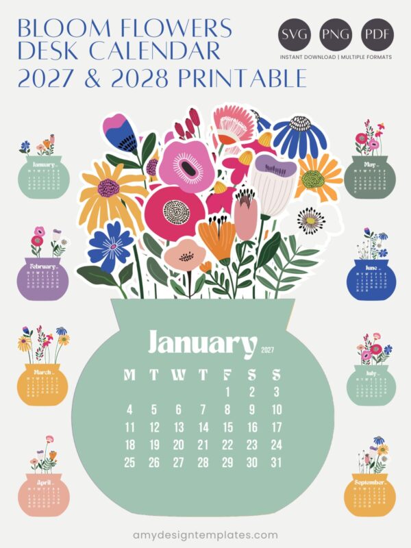 Bloom Flowers Printable Desk Calendar (2027 & 2028) – Abstract Floral SVG, PNG, PDF Template