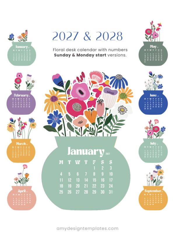 Bloom Flowers Printable Desk Calendar (2027 & 2028) | Abstract Floral SVG, PNG, PDF Template Bloom Flowers Printable Desk Calendar (2027 & 2028) – Abstract Floral SVG, PNG, PDF Template