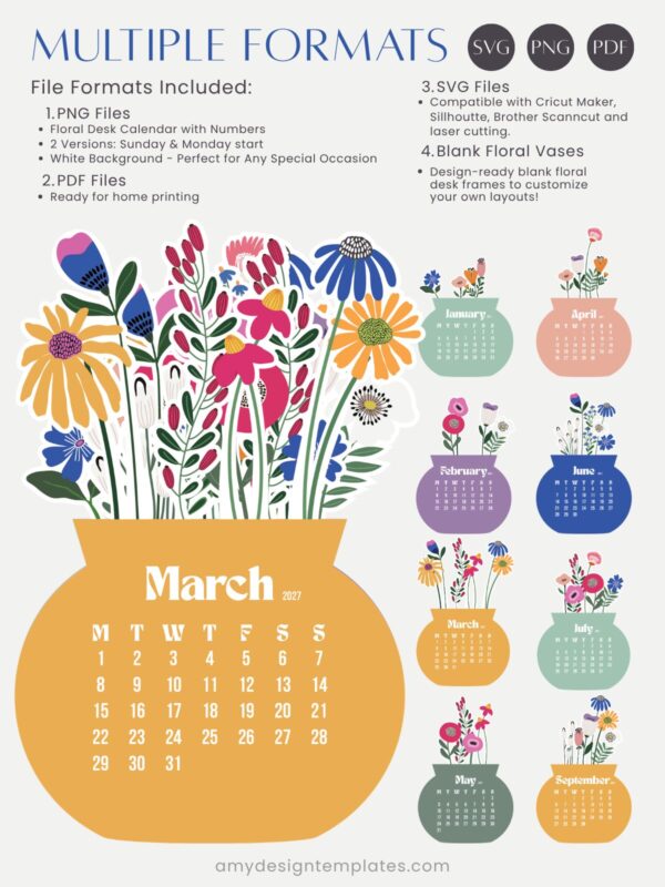 Bloom Flowers Printable Desk Calendar (2027 & 2028) – Abstract Floral SVG, PNG, PDF Template