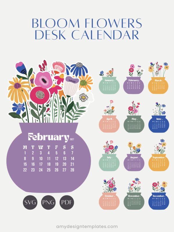 Bloom Flowers Printable Desk Calendar (2027 & 2028) | Abstract Floral SVG, PNG, PDF Template Bloom Flowers Printable Desk Calendar (2027 & 2028) – Abstract Floral SVG, PNG, PDF Template