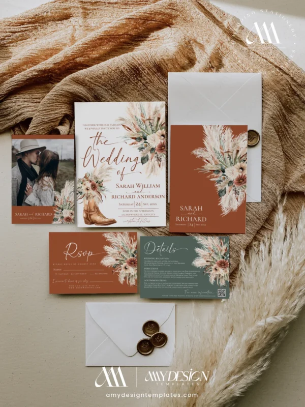 Rustic Western Wedding Invitation Suite Template, Boho Cowboy Boot Wedding Invite Set, Terracotta and Sage Pampas Grass, RSVP, Details, Wishing Well Card, Printable Editable Download