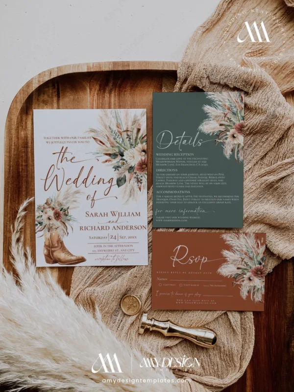 Rustic Western Wedding Invitation Suite Template, Boho Cowboy Boot Wedding Invite Set, Terracotta and Sage Pampas Grass, RSVP, Details, Wishing Well Card, Printable Editable Download