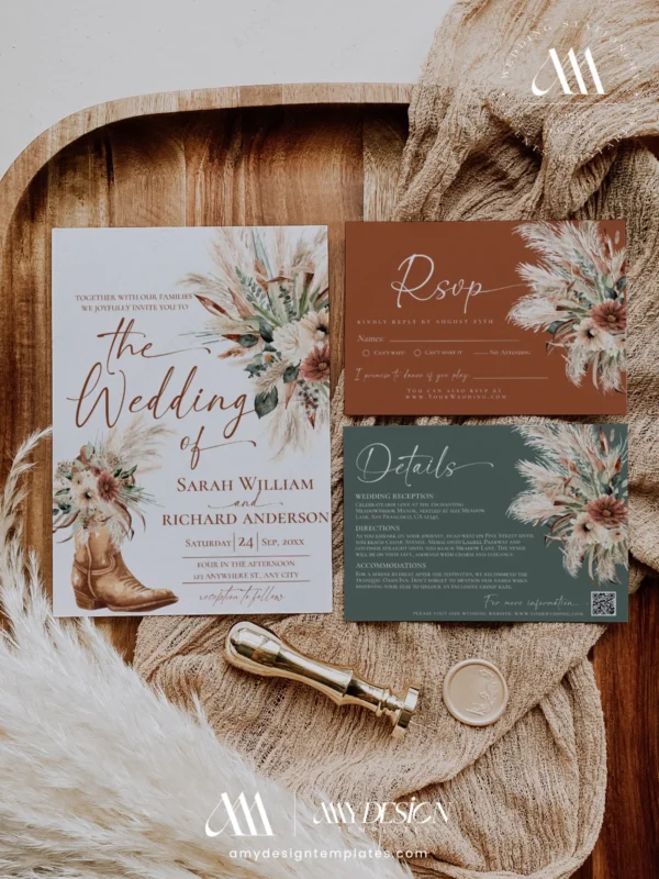 Rustic Western Wedding Invitation Suite Template, Boho Cowboy Boot Wedding Invite Set, Terracotta and Sage Pampas Grass, RSVP, Details, Wishing Well Card, Printable Editable Download
