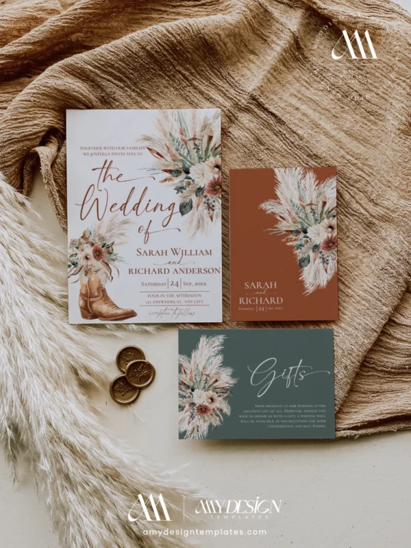 Rustic Western Wedding Invitation Suite Template, Boho Cowboy Boot Wedding Invite Set, Terracotta and Sage Pampas Grass, RSVP, Details, Wishing Well Card, Printable Editable Download