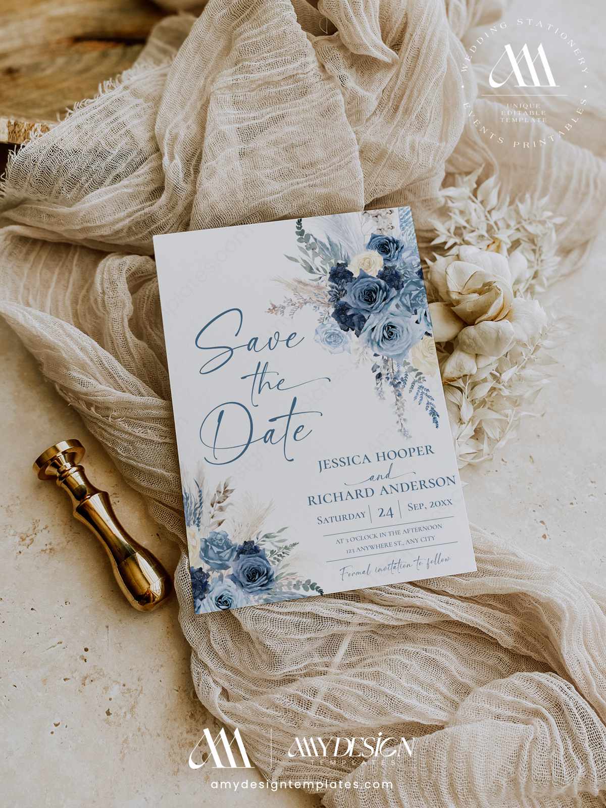 Dusty Blue Save the Date Card Template | Boho Floral Save the Date Wedding Announcement | Pampas Grass Navy Blue Wedding Dusty Blue Save the Date Template, Boho Floral Save the Date, Wedding Announcement, Pampas Grass Navy Blue Wedding, Editable Invitation Printable