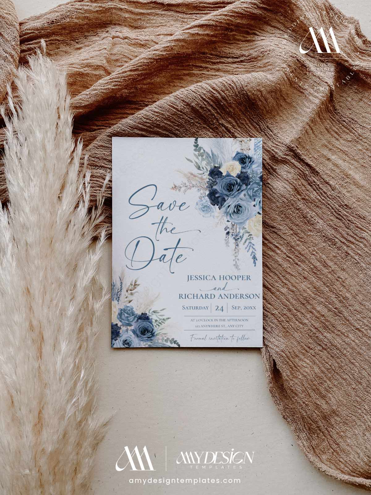Dusty Blue Save the Date Card Template | Boho Floral Save the Date Wedding Announcement | Pampas Grass Navy Blue Wedding Dusty Blue Save the Date Template, Boho Floral Save the Date, Wedding Announcement, Pampas Grass Navy Blue Wedding, Editable Invitation Printable