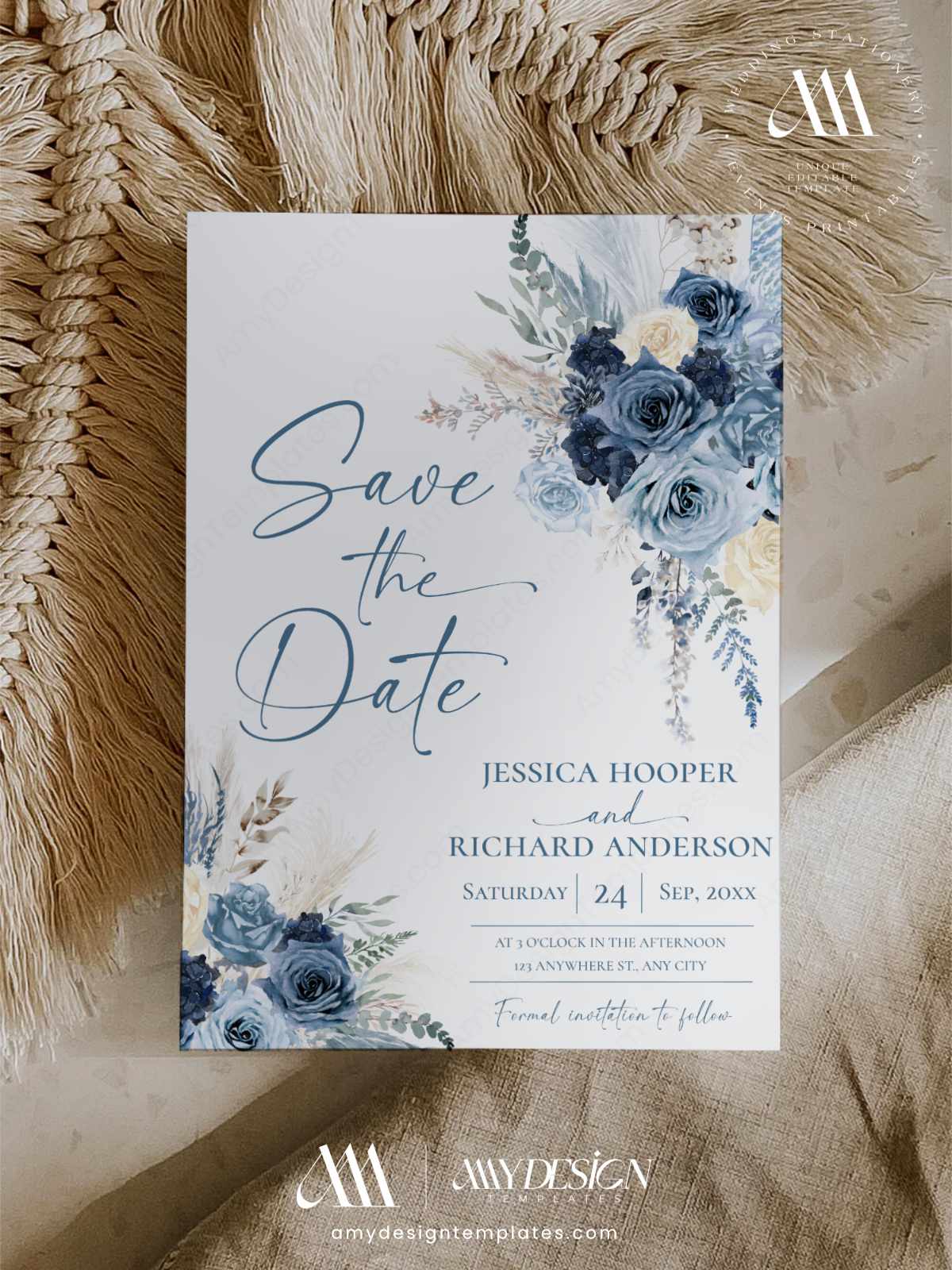 Dusty Blue Save the Date Card Template | Boho Floral Save the Date Wedding Announcement | Pampas Grass Navy Blue Wedding Elegant Save the Date Card Template, Dusty Blue and Navy Wedding, Floral Save the Date, Boho Chic Wedding Invitation, Corjl DIY