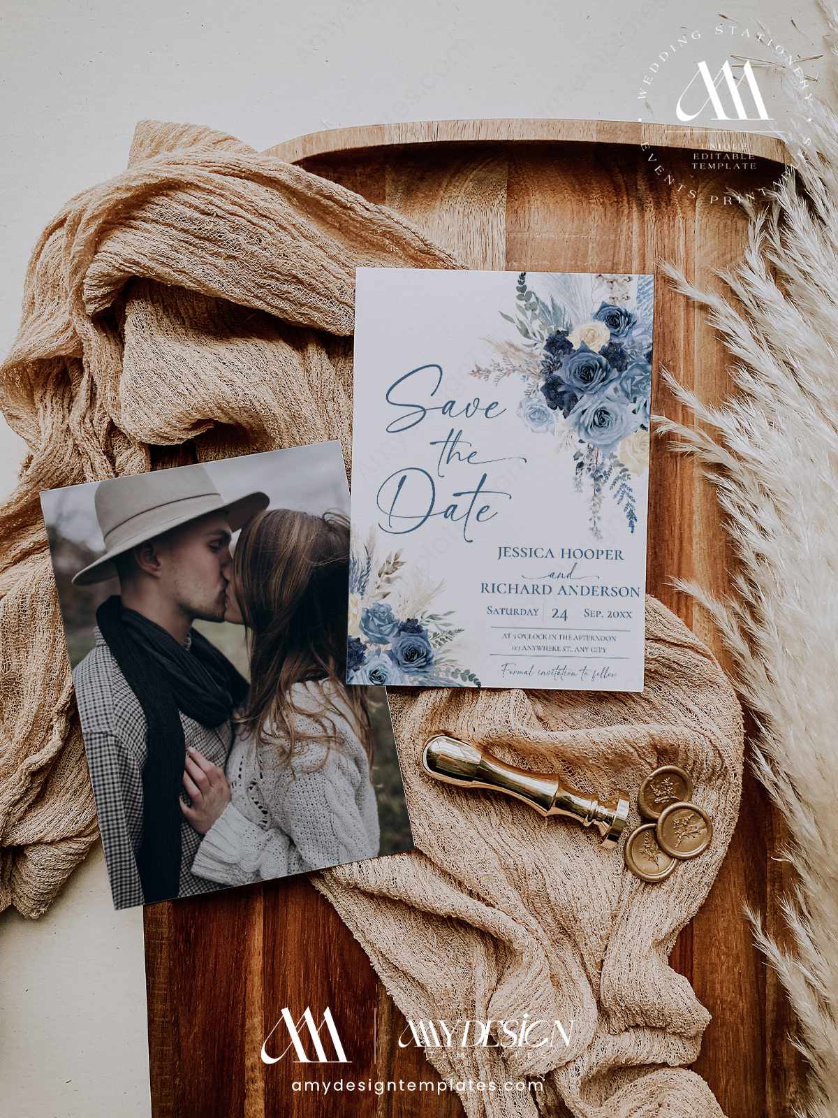 Dusty Blue Save the Date Card Template | Boho Floral Save the Date Wedding Announcement | Pampas Grass Navy Blue Wedding Boho Dusty Blue Save the Date Template - Editable Wedding Announcement Card