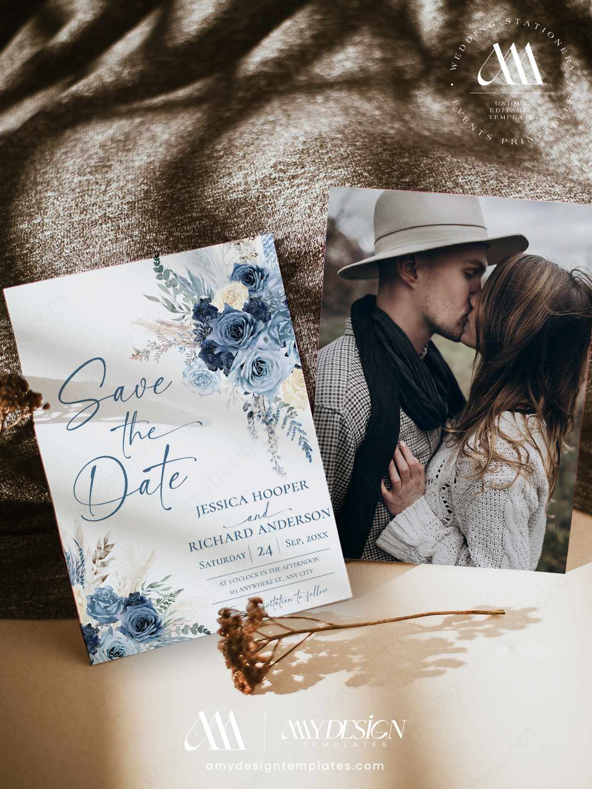 Dusty Blue Save the Date Card Template | Boho Floral Save the Date Wedding Announcement | Pampas Grass Navy Blue Wedding Boho Dusty Blue Save the Date Template - Editable Wedding Announcement Card